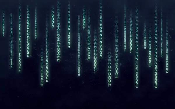 HD desktop wallpaper featuring green binary code cascading on a dark blue background.