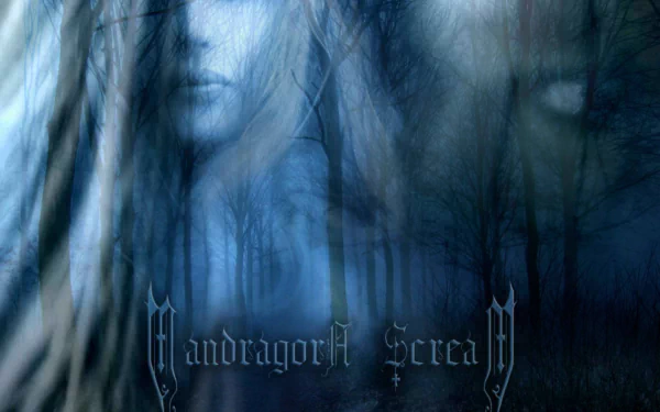 HD PC desktop wallpaper featuring a haunting, ethereal blue-toned image with ghostly faces and dark forest elements, inspired by Mandragora Scream music.