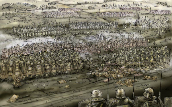 HD desktop wallpaper depicting a historic Roman legion in military formation, showcasing detailed soldiers and the vast battlefield environment.