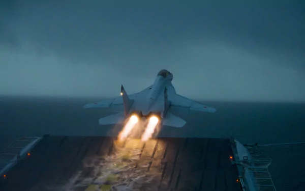 A Mikoyan MiG-29K jet takes off from an aircraft carrier amidst stormy skies, showcasing its military might in this high-definition desktop wallpaper.