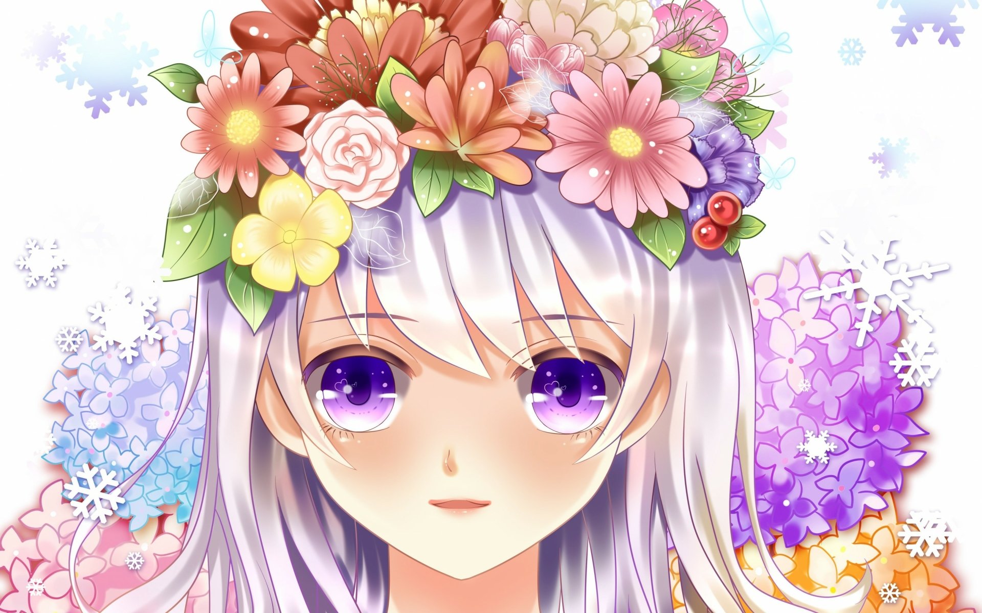 A vibrant HD anime wallpaper featuring a character with long white hair adorned with colorful flowers, set against a softly designed background filled with floral elements.