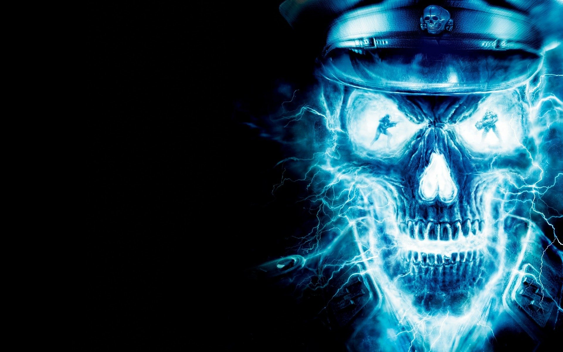A dark HD wallpaper featuring a glowing blue skull, surrounded by electric energy, creating a striking and intense visual impact.