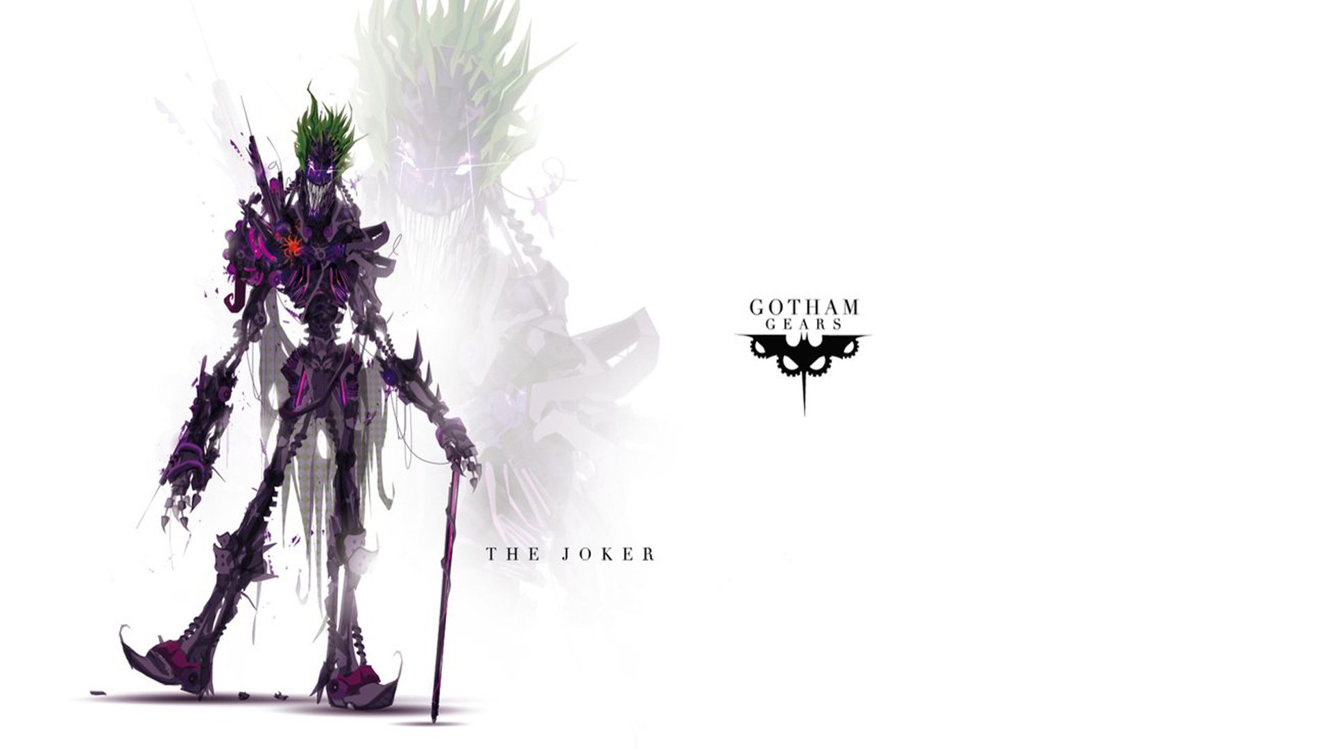 A stylized comic-inspired depiction of the Joker, featuring bold colors and an eerie vibe, serves as a dynamic HD PC desktop wallpaper and background.