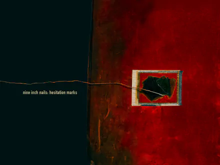 Nine Inch Nails music HD PC desktop wallpaper: abstract red and black background with a cracked framed pane, a taut wire across the composition, and small text reading nine inch nails: hesitation marks.