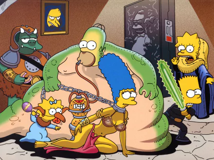 An HD desktop wallpaper featuring the Simpsons family: Homer, Marge, Lisa, Bart, and Maggie in a whimsical, action-packed scene inspired by their iconic TV show, The Simpsons.