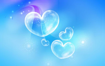 A whimsical HD desktop wallpaper featuring floating, translucent hearts on a soft blue background, enhanced with sparkles and gentle gradients for a serene artistic feel.