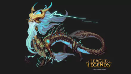 HD PC desktop wallpaper featuring Ao Shin from the video game League of Legends, showcasing the character’s mystical, dragon-like design with glowing blue and gold accents.