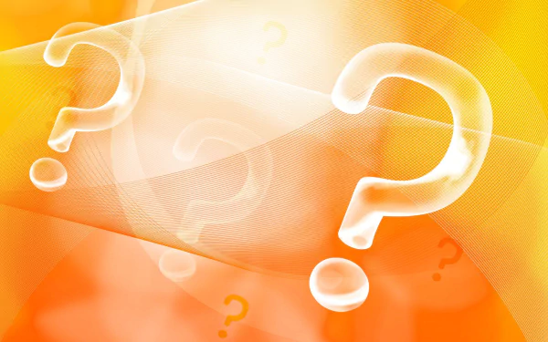 Abstract HD PC desktop wallpaper featuring glowing translucent question marks over warm orange and yellow swirls, creating a modern, curious background.
