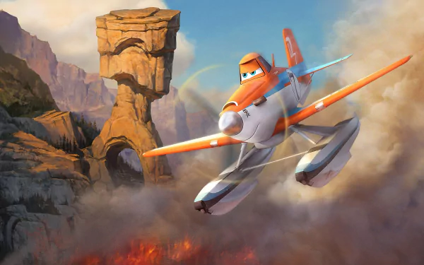 HD PC desktop wallpaper featuring Dusty Crophopper, the airplane hero from the movie Planes: Fire & Rescue, flying over a smoky canyon landscape.