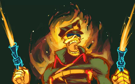 HD PC desktop wallpaper: anime Inferno Cop — a flaming officer in sunglasses and cap, twin pistols raised amid roaring fire, bold colors and dramatic, high-energy composition.