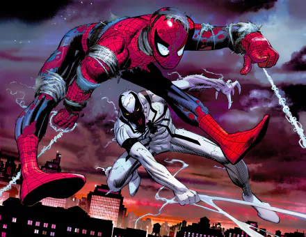 HD PC desktop wallpaper featuring Spider-Man and Anti-Venom in dynamic comic-style action against a dramatic cityscape background.