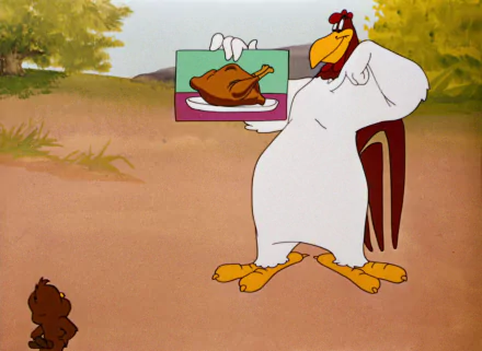 HD desktop wallpaper of Foghorn Leghorn from the Looney Tunes TV show, holding a sign with a roasted turkey illustration in a rural outdoor setting.
