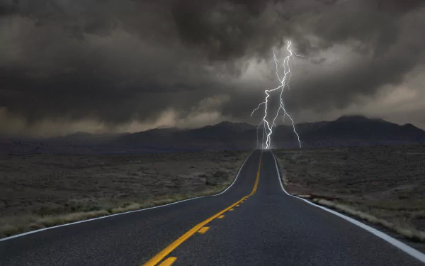 HD desktop wallpaper featuring a road stretching through a stormy landscape with a striking lightning bolt in the cloudy sky.