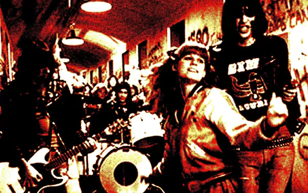 HD PC desktop wallpaper featuring a vibrant rock & roll band performing in a hallway, inspired by the energetic vibe of Rock'n'Roll High School music.