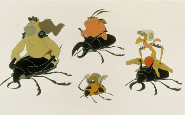 HD desktop wallpaper featuring characters from Ferngully: The Last Rainforest riding on the backs of beetles.