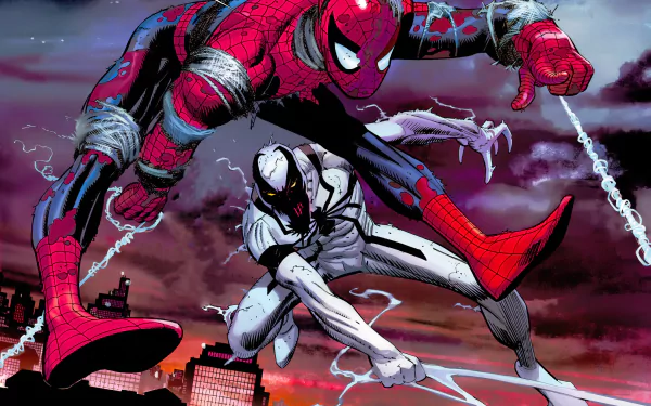 HD PC desktop wallpaper featuring Spider-Man and Anti-Venom in dynamic comic-style action against a dramatic cityscape background.