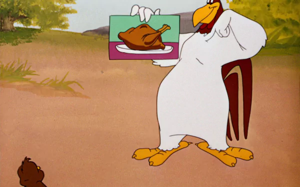 HD desktop wallpaper of Foghorn Leghorn from the Looney Tunes TV show, holding a sign with a roasted turkey illustration in a rural outdoor setting.