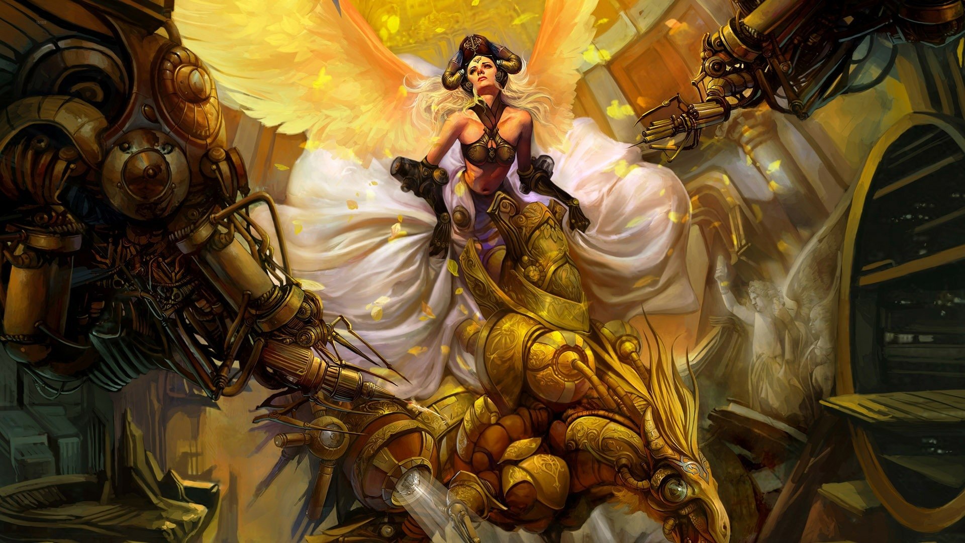 HD fantasy PC desktop wallpaper depicting a powerful angelic figure with glowing wings amidst a steampunk-inspired mechanical environment.