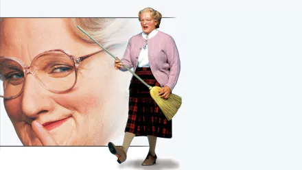 HD wallpaper of the character from Mrs. Doubtfire, posing with a broom and a smile, suitable as a desktop background.