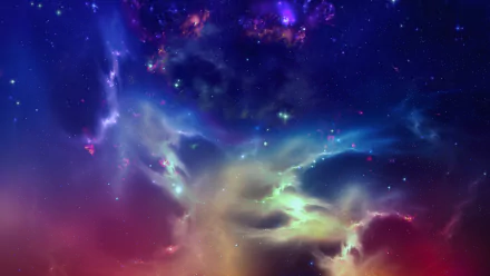 HD desktop wallpaper showcasing a vibrant sci-fi space scene with swirling nebulae in hues of blue, purple, and pink, dotted with stars.