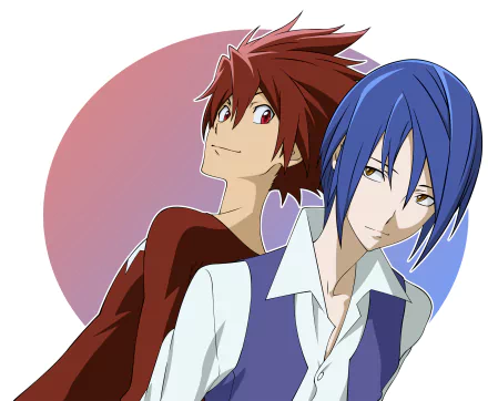 Vector HD PC desktop wallpaper and background from Star Driver anime: red-haired smiling teen and blue-haired calm teen posed back-to-back before a circular gradient backdrop.