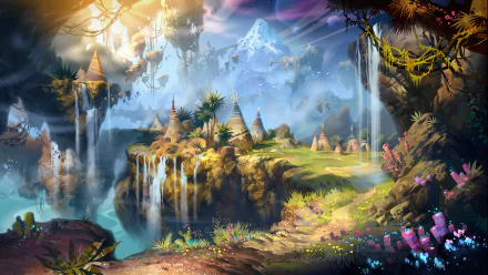 HD desktop wallpaper featuring a vibrant fantasy landscape with waterfalls, floating islands, and mystical structures under a glowing sky.