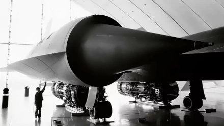 A black and white image of a Lockheed SR-71 Blackbird, showcasing its engines and sleek design, with a technician working on the aircraft inside a hangar.