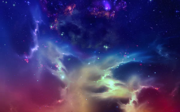 HD desktop wallpaper showcasing a vibrant sci-fi space scene with swirling nebulae in hues of blue, purple, and pink, dotted with stars.