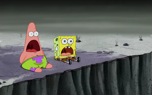 HD PC desktop wallpaper from the TV show SpongeBob SquarePants, featuring SpongeBob and Patrick sitting with shocked expressions near a cliff edge.
