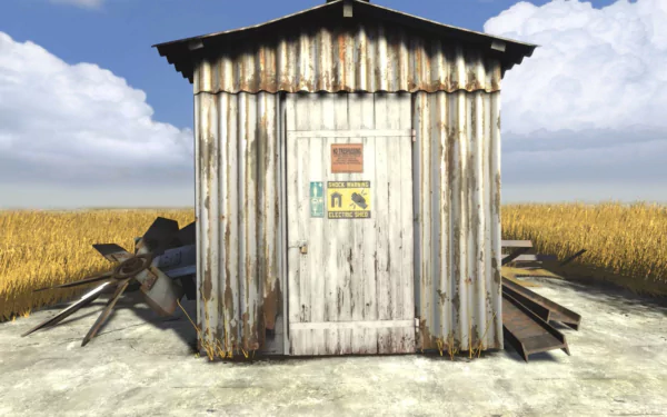 HD PC desktop wallpaper featuring a weathered shed from the video game Portal 2 set against a bright sky and golden field background.