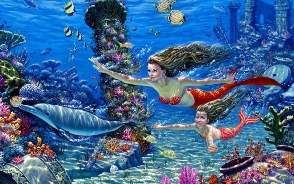Fantasía Sirena Delfin Submarina Sea Pez Coral Reef Tiburón Pufferfish Fondo de pantalla HD | Fondo de Escritorio