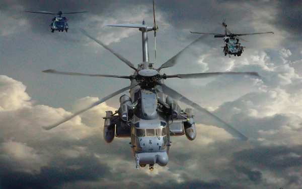 A dramatic HD wallpaper featuring the Sikorsky CH-53 Sea Stallion with two other military helicopters flying against a stormy sky.