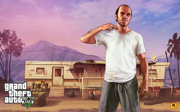 Trevor Philips from Grand Theft Auto V stands confidently in front of a mobile home, set against a backdrop of mountains and desert, showcasing the game's distinctive art style.
