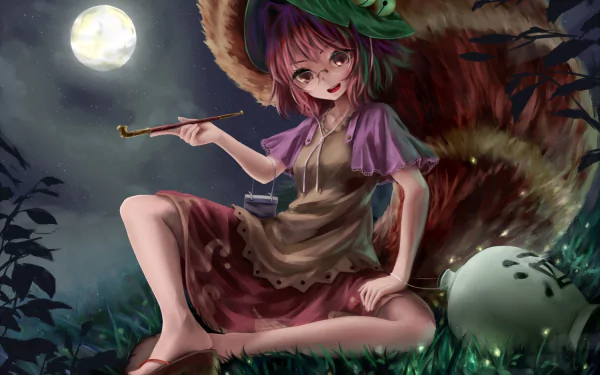 HD desktop wallpaper featuring Mamizou Futatsuiwa from Touhou, sitting on grass at night under a full moon with a pipe and a small creature nearby.