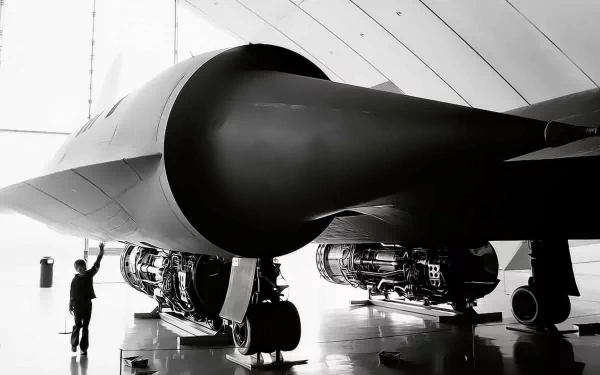 A black and white image of a Lockheed SR-71 Blackbird, showcasing its engines and sleek design, with a technician working on the aircraft inside a hangar.
