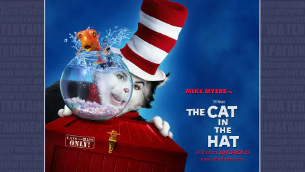 Dr. Seuss' The Cat in the Hat movie HD PC desktop wallpaper: the Cat in a tall red-and-white hat peeks from behind a red crate while a goldfish splashes in a glass bowl.