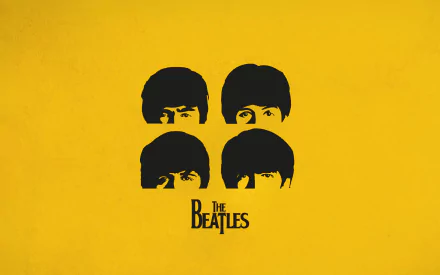 A vibrant yellow HD wallpaper featuring iconic silhouettes of The Beatles' faces, showcasing their distinctive hairstyles and the band's name prominently below.