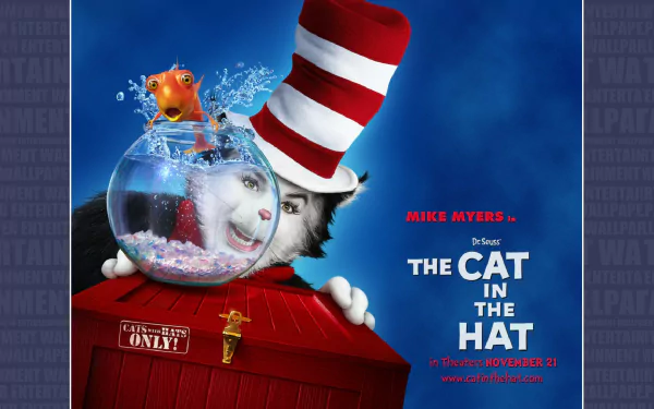 Dr. Seuss' The Cat in the Hat movie HD PC desktop wallpaper: the Cat in a tall red-and-white hat peeks from behind a red crate while a goldfish splashes in a glass bowl.