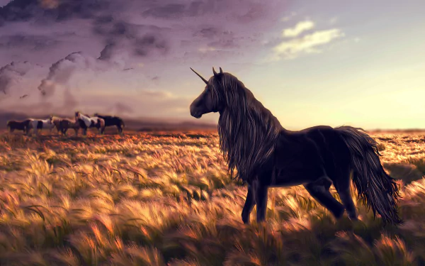HD wallpaper featuring a majestic unicorn standing in a golden field with a dramatic sky in the background, blending elements of fantasy and serenity.