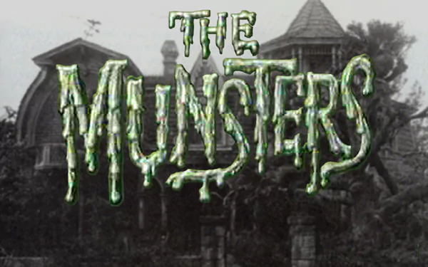 HD PC desktop wallpaper featuring the eerie green logo of the TV show The Munsters against a dark, spooky mansion background.