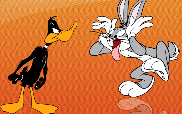 Bugs Bunny and Daffy Duck, iconic characters from the Looney Tunes TV show, are featured in this vibrant HD desktop wallpaper, showcasing their classic animated rivalry.