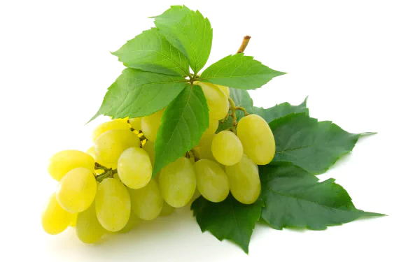Close-up of a cluster of green grapes with leaves, set against a white background. This vibrant image is an HD PC desktop wallpaper and background featuring fresh food.