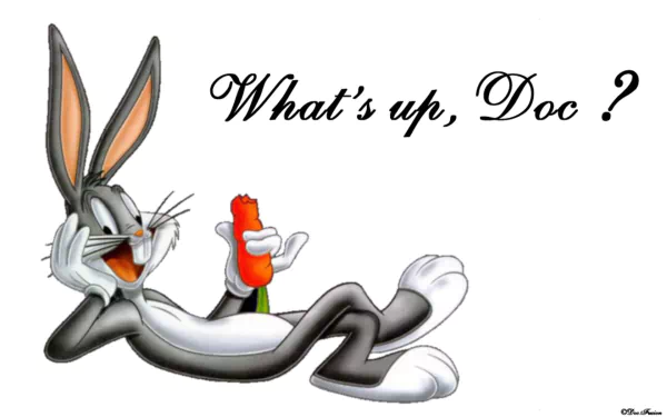 Bugs Bunny relaxes with a carrot, casually asking, What's up, Doc? This vibrant HD PC wallpaper captures the classic charm of the Looney Tunes TV show.