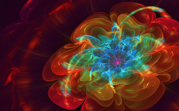 Abstract fractal design with vibrant blue, red, and orange hues forming a glowing, intricate pattern, rendered in high definition as a PC desktop wallpaper background.