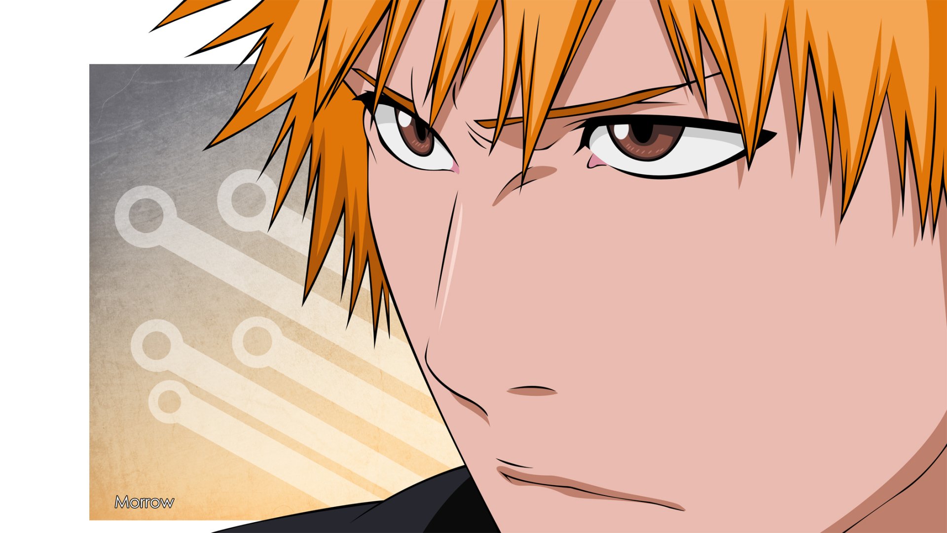 Vector close-up of Ichigo Kurosaki as a shinigami from Bleach, intense expression against a stylized HD PC desktop wallpaper background.