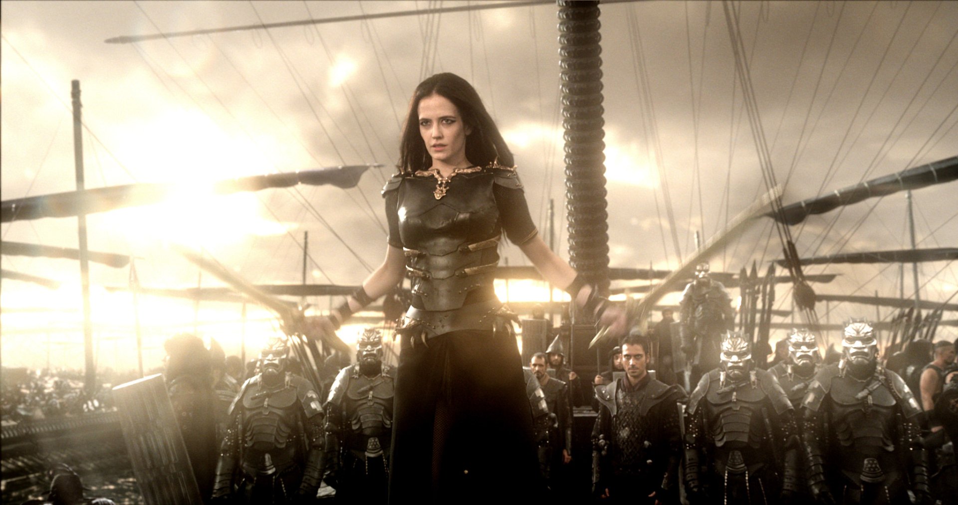 HD desktop wallpaper featuring a scene from the movie 300: Rise of an Empire with a central female warrior and an army behind her at dawn.