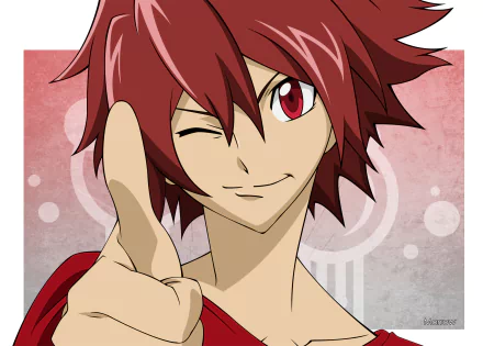 Vector HD PC desktop wallpaper/background of Takuto Tsunashi from Star Driver: red-haired anime protagonist winking and pointing against a stylized pink-gray backdrop.