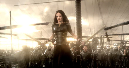 HD desktop wallpaper featuring a scene from the movie 300: Rise of an Empire with a central female warrior and an army behind her at dawn.