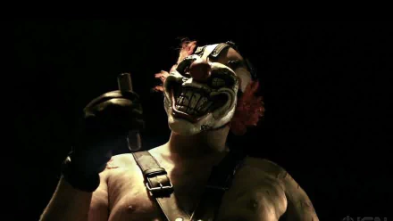 A striking HD desktop wallpaper featuring a menacing character from the video game Twisted Metal, showcasing a clown with a sinister expression and an intense gaze.