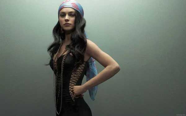 HD PC desktop wallpaper of celebrity Lindsay Lohan wearing a black dress and a colorful headscarf, posing against a plain gray background.